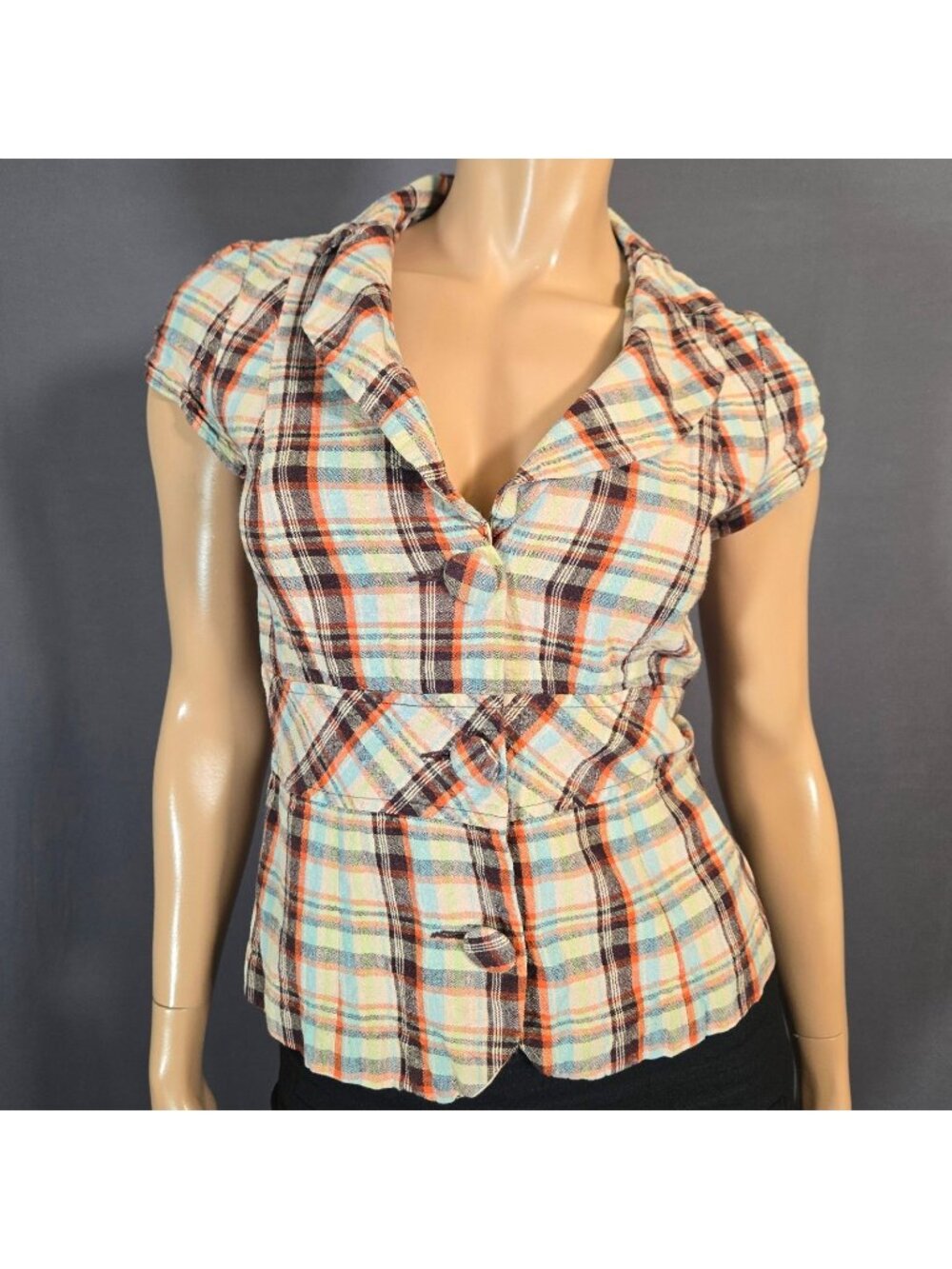 Y2K Plaid Fitted Blazer Size M Cap Sleeve Beige Brown Linen Blend Academia